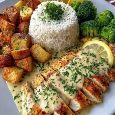 Creamy lemon chicken served with rice, roasted potatoes, and broccoli on a plate.