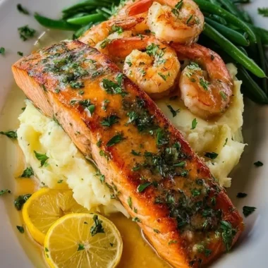 Creamy mashed potatoes served with garlic butter salmon and shrimp on a plate.