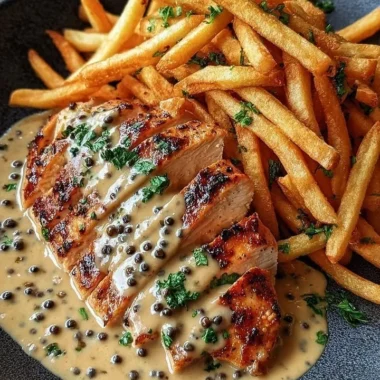 Delicious Creamy Peppercorn Chicken served with crispy fries