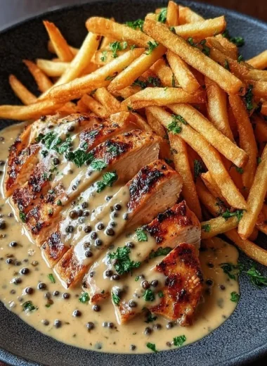 Delicious Creamy Peppercorn Chicken served with crispy fries