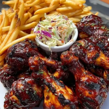 Crispy BBQ chicken drumsticks served with fries and coleslaw on a plate