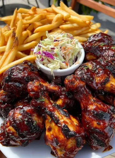 Crispy BBQ chicken drumsticks served with fries and coleslaw on a plate