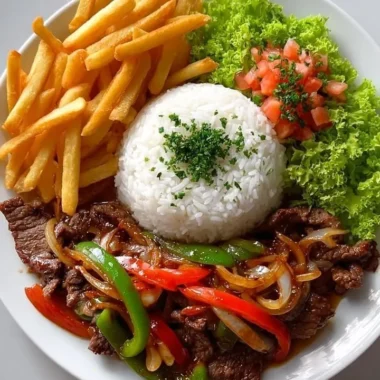 Crispy beef stir-fry plate with rice, fries, and salad for a delicious meal