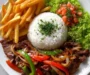 Crispy Beef Stir-Fry Plate With Rice, Fries & Salad