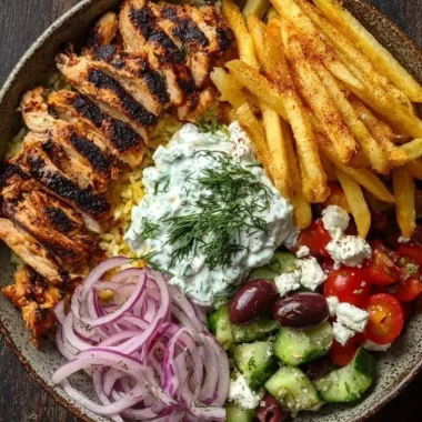 Crispy chicken gyro bowl topped with fries and fresh vegetables