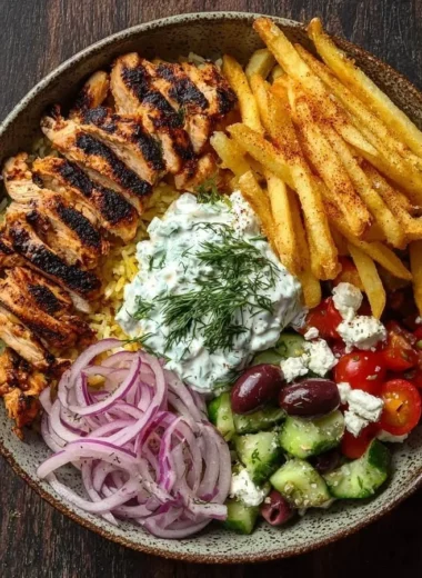 Crispy chicken gyro bowl topped with fries and fresh vegetables