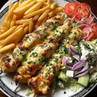 Crispy chicken skewers served with fries and a colorful Greek salad