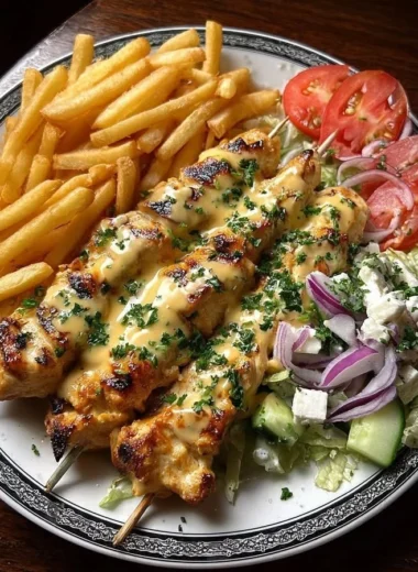 Crispy chicken skewers served with fries and a colorful Greek salad