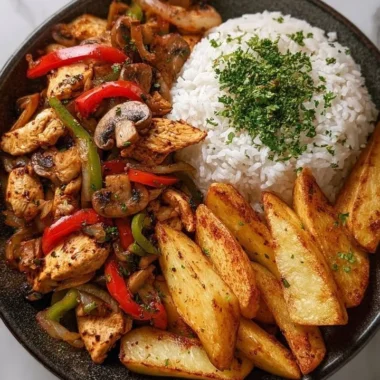 Crispy chicken stir-fry rice bowl garnished with potato wedges and vegetables.