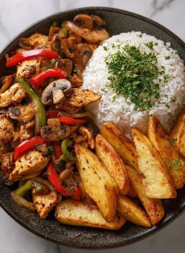 Crispy chicken stir-fry rice bowl garnished with potato wedges and vegetables.