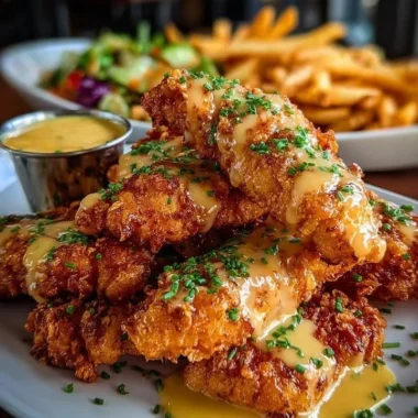 Crispy chicken tenders with honey mustard sauce and golden fries