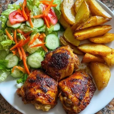 Crispy chicken thighs served with golden potato wedges on a plate.