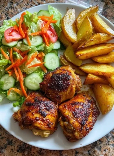 Crispy chicken thighs served with golden potato wedges on a plate.