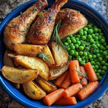 Crispy drumsticks served with potatoes, peas, and carrots on a plate
