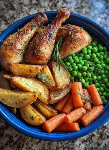 Crispy drumsticks served with potatoes, peas, and carrots on a plate