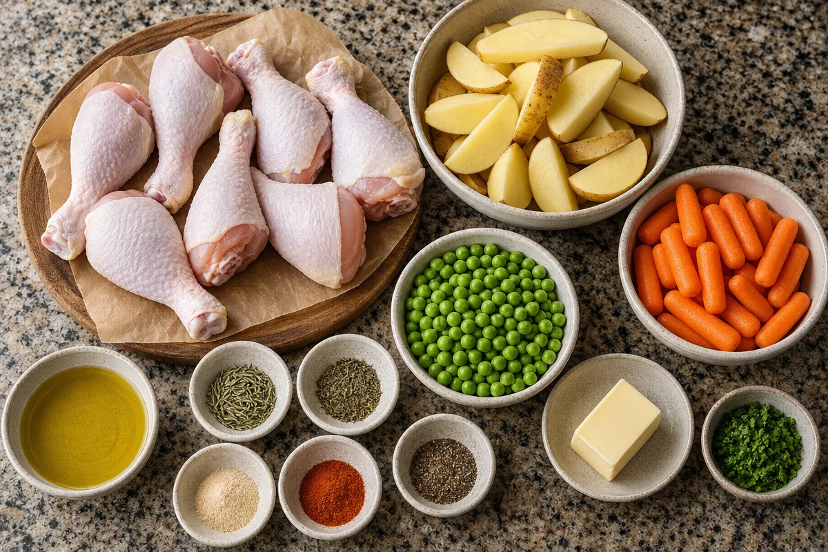 Crispy Drumsticks With Potatoes, Peas And Carrots
