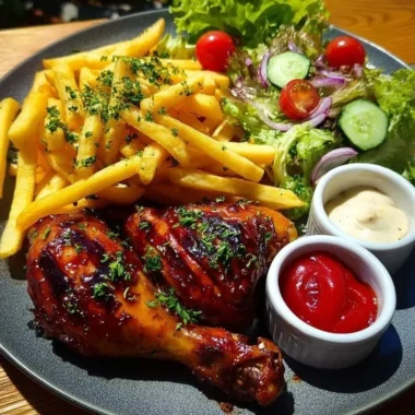 Crispy fries served with BBQ chicken drumsticks and garden salad