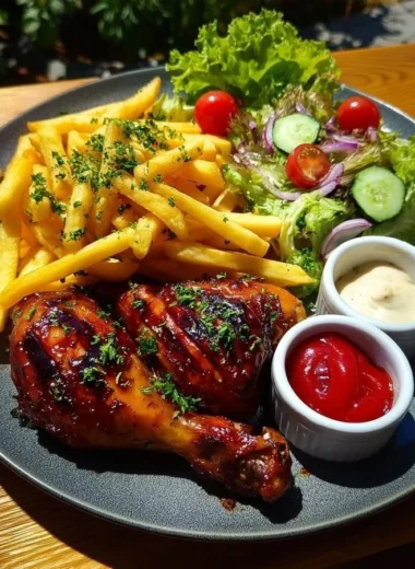 Crispy fries served with BBQ chicken drumsticks and garden salad