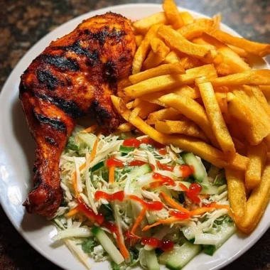 Plate of crispy fries served with chicken leg and fresh salad