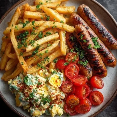 Crispy fries served with grilled sausages and a side of potato salad.