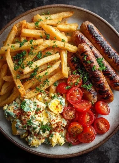 Crispy fries served with grilled sausages and a side of potato salad.