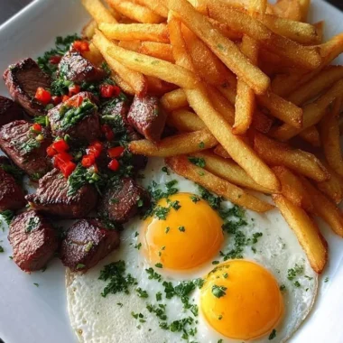 Crispy fries served with steak bites and eggs on a plate