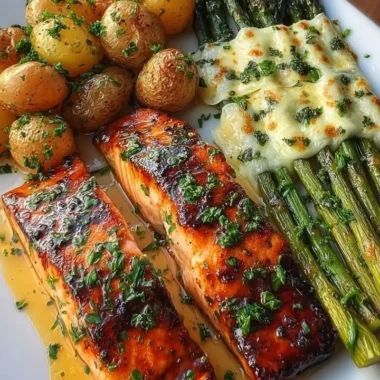 Crispy garlic butter salmon served with roasted potatoes and asparagus