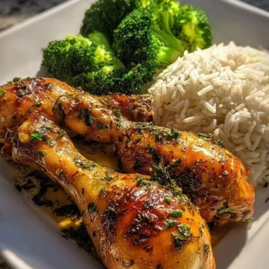 Crispy garlic herb chicken drumsticks served with rice and broccoli on a plate