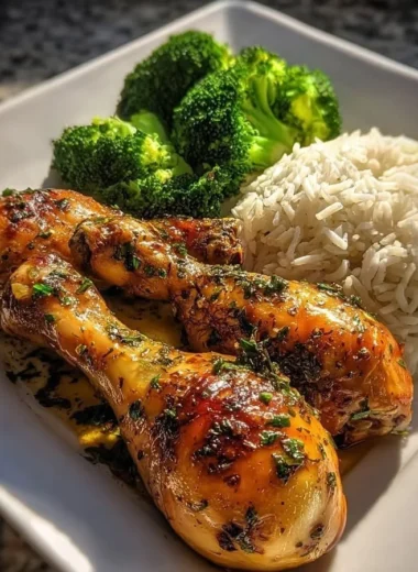 Crispy garlic herb chicken drumsticks served with rice and broccoli on a plate