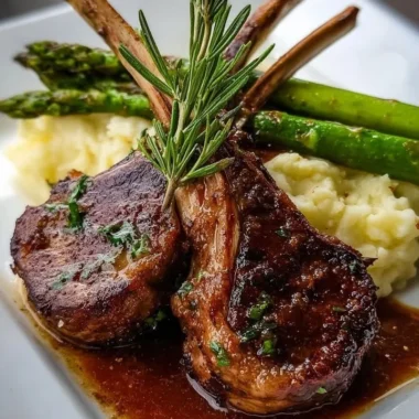 Crispy garlic rosemary lamb chops with mashed potatoes and asparagus on a plate