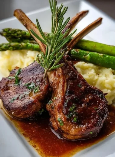 Crispy garlic rosemary lamb chops with mashed potatoes and asparagus on a plate