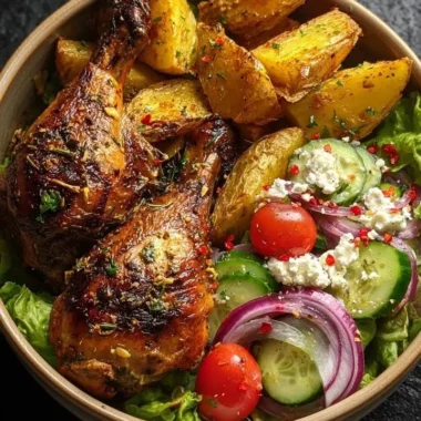 Crispy Greek-style chicken leg quarters served with roasted potatoes