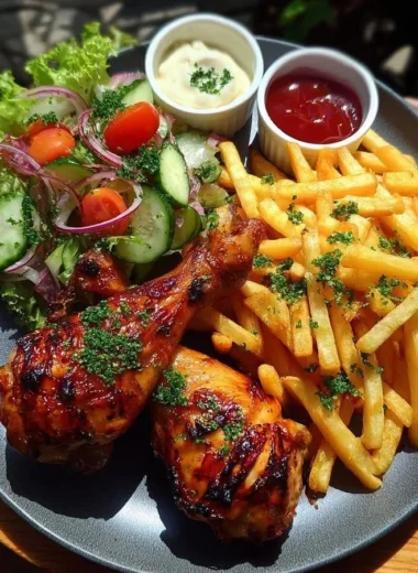 Crispy grilled chicken drumsticks with fries and salad on a plate