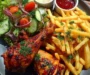 Crispy Grilled Chicken Drumsticks With Fries And Salad