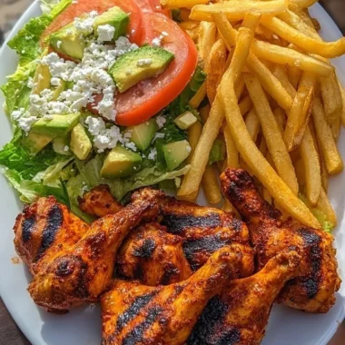 Crispy grilled chicken drumsticks served with fries and avocado salad