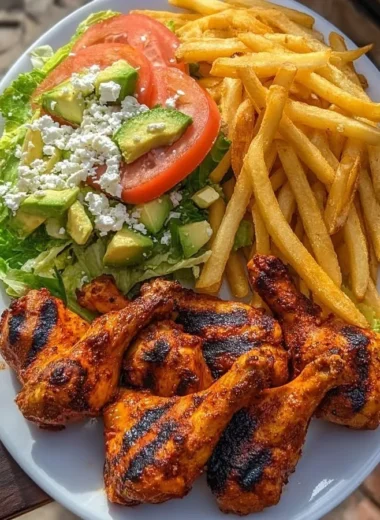 Crispy grilled chicken drumsticks served with fries and avocado salad