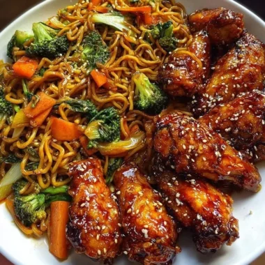 Crispy honey garlic chicken wings served with vegetable chow mein