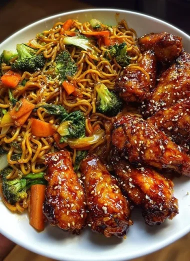 Crispy honey garlic chicken wings served with vegetable chow mein