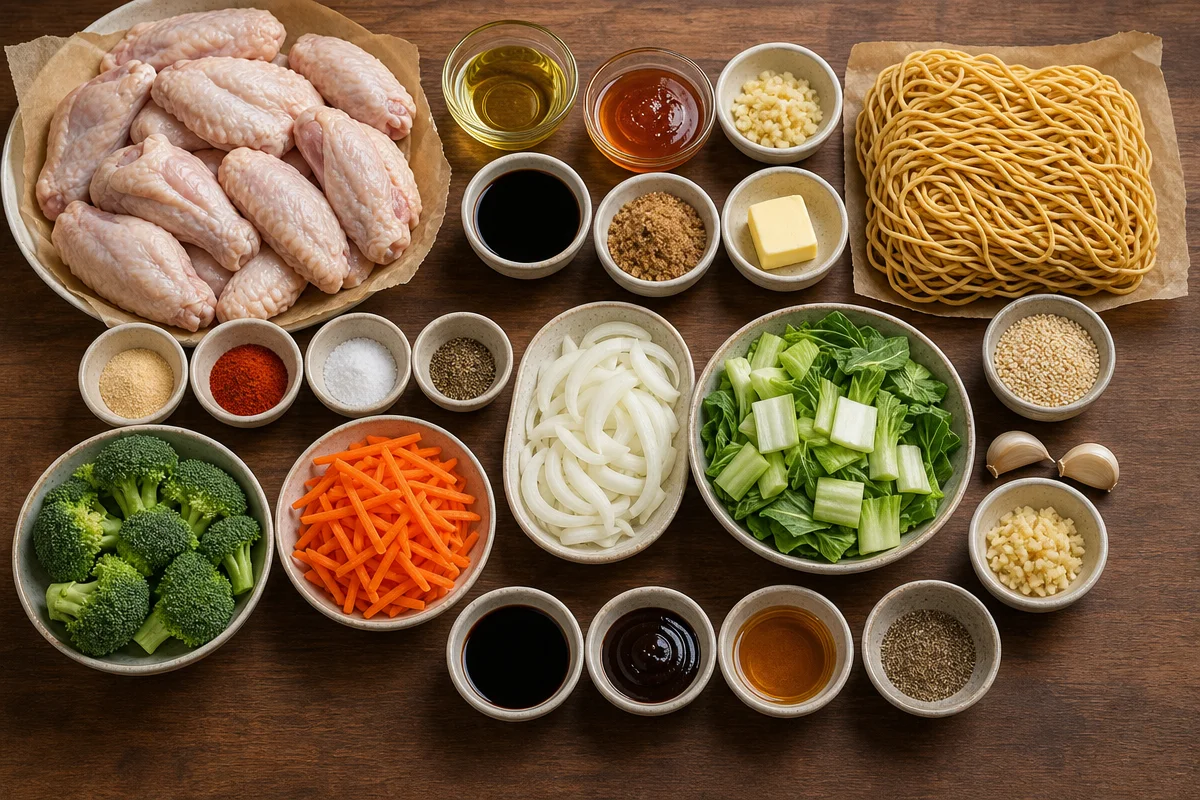 Crispy Honey Garlic Chicken Wings With Vegetable Chow Mein