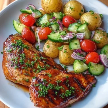 Crispy honey garlic chicken with baby potatoes and salad on a plate.