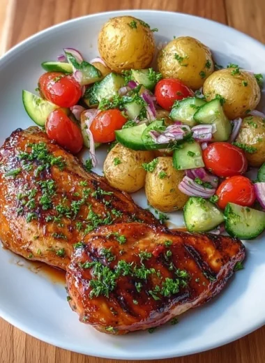 Crispy honey garlic chicken with baby potatoes and salad on a plate.
