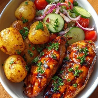 Crispy honey garlic chicken served with baby potatoes and salad on a plate