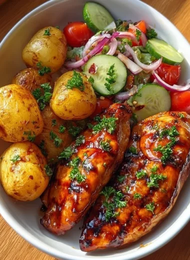 Crispy honey garlic chicken served with baby potatoes and salad on a plate