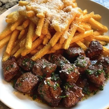 Plate of crispy Parmesan fries paired with garlic butter steak bites