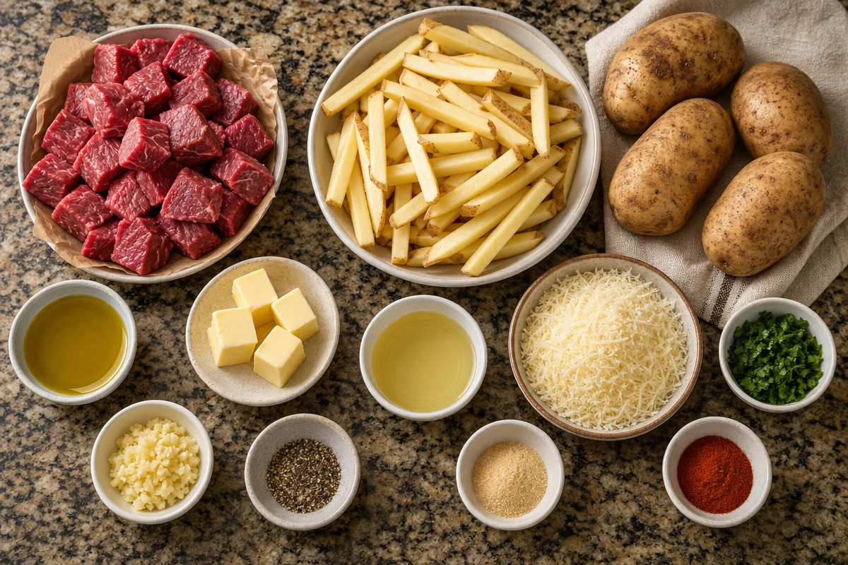 Crispy Parmesan Fries with Garlic Butter Steak Bites