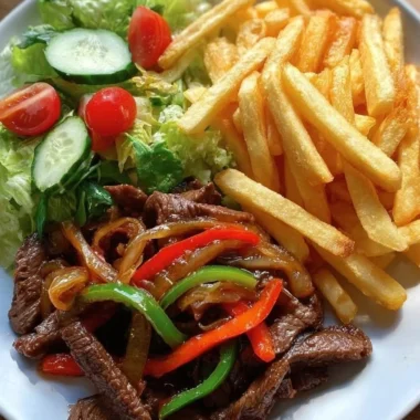 Crispy pepper steak stir-fry with fries and salad on a plate.