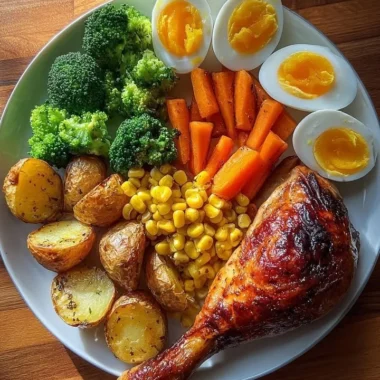 Crispy roasted chicken leg served with colorful vegetables on a power plate