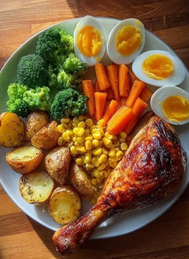 Crispy roasted chicken leg served with colorful vegetables on a power plate