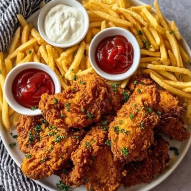 Crispy Southern fried chicken served with golden French fries