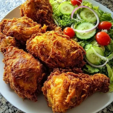 Plate of crispy Southern fried chicken paired with a colorful garden salad